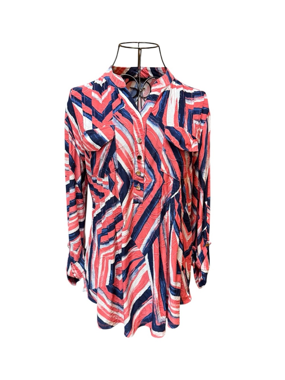 Geometric Stripe Button-Down Tunic Top - Coral Navy White Small